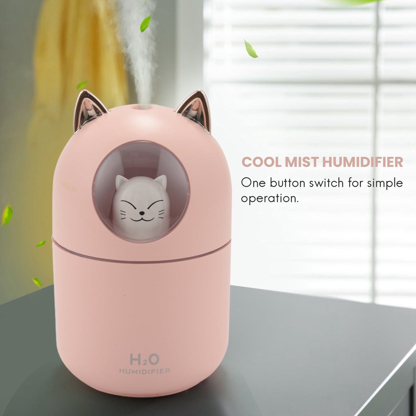 H2O Cat Portable Humidifier For Car, Room, Offices – Cool Mist, Quiet, Night Light, Auto Shut-Off