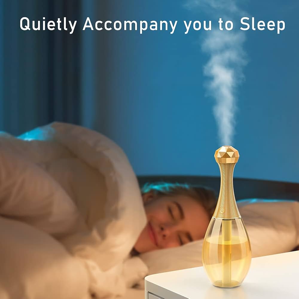 Vintage Perfume Bottle Air Humidifier–Lamp Air Humidifier-Bottle Air Humidifier Theme-Transparent ,Quiet, Gold Night Light .