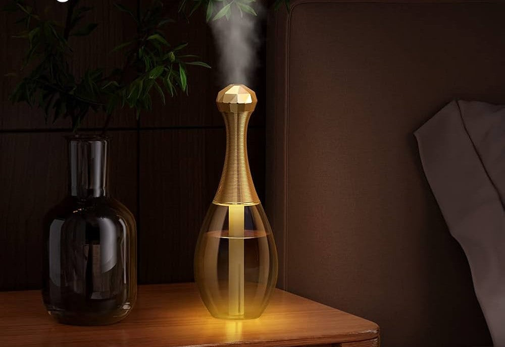 Vintage Perfume Bottle Air Humidifier–Lamp Air Humidifier-Bottle Air Humidifier Theme-Transparent ,Quiet, Gold Night Light .